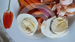 food boiled eggs, shrimp and sweet potato on a plate, lunch dinner cooking breakfast