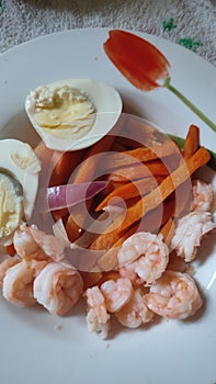 food boiled eggs, shrimp and sweet potato on a plate, lunch dinner cooking breakfast