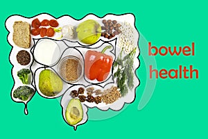 Food for bowel Health. Isolate on a green background