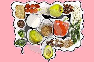 Food for bowel Health. Isolate on pink background