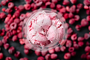 Food, Bowl of Pink Raspberry Ice Cream with Jam on Dark Background with Frozen Raspberries, Horizontal Top View, Wallpaper