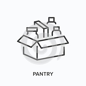 Food box flat line icon. Vector outline illustration of pantry, charity product share. Humanitarian help thin linear