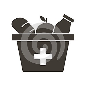 Food box with a red cross icon. Vector flat glyph illustration. Grocery provisions donation. Helping those in need, homeless