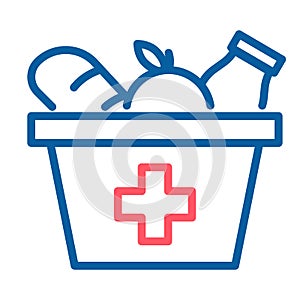 Food box with a red cross icon. Vector thin line illustration. Grocery provisions donation.