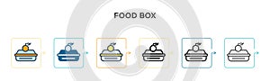 Food box vector icon in 6 different modern styles. Black, two colored food box icons designed in filled, outline, line and stroke