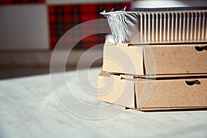 Food boxes. Home delivery concept. Closed restaurants. Copy space