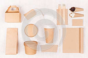 Food branding identity mockup in light modern style - blank coffee cup, packet, box, notebook, label, card of brown paper.