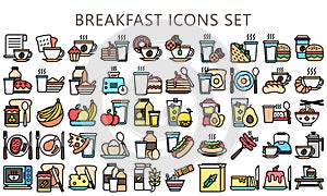 food and Breakfast lineal multi color icons set