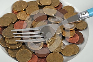 Food budget concept with money and fork in a plate close up