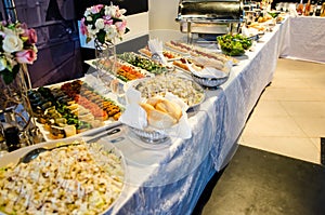 Food buffet with finger-food and salads