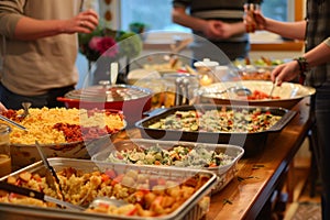 Food Buffet Line at Family Potluck Party, A potluck dinner where each family member contributes a dish, creating a collaborative photo