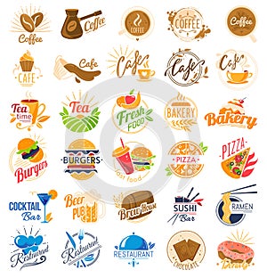 Food cafe logo vector illustration set, cartoon flat logotype label with lettering collection for fastfood pizzeria