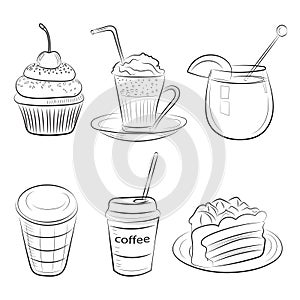 Food cafe set Morning breakfast lunch or dinner kitchen doodle hand drawn sketch rough simple icons