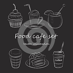 Food cafe set Morning breakfast lunch or dinner kitchen doodle hand drawn sketch rough simple icons