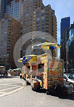 Food Carts Sell Fast Food at Columbus Circle Near Central Park, NYC, USA