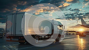 food catering stationery truck transfering food to the airplane with on realistic cinematic photo of airport