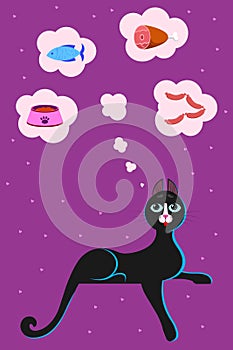 Food for cats and pets. A cute cartoon cat with big blue eyes lies on a flat surface, hanging its paw and thinks, dreams about