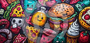 food character illustrations, eye-catching design features cartoon characters of popular food items like pizza, burger