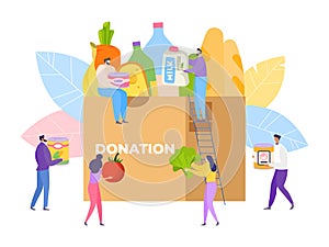 Food charity community, volunteer donate product, vector illustration. Woman man help by assistance, donation and aid