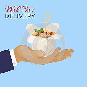 Food chinese wok box delivery, vector illustration. Container with asian fast food from restaurant, noodles cuisine