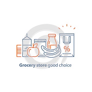 Food choice abundance, grocery food and drink, pile of products, consumption concept, retail store loyalty program, shopping bag