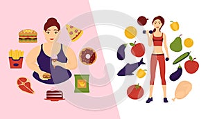 Food choice concept banner vector illustration. Two girls with healthy and fresh vegetables and unhealthy fast food