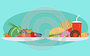 Food choice concept. Two plates with healthy fresh food and junk unhealthy fast food. Concept diet - plate with fruits