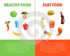 Food Choice, Healthy and Junk Food Banner Template with Place for Text, Fresh Vegetables or Fast Food Vector