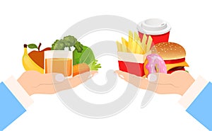 Food choice healthy and junk lifestyle, vector illustration. Eat fastfood hamburger and health nutrition fruit vegetable