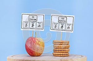 Food choices cookies or apple, information labels showing the physical activity calorie equivalent