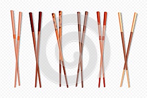 Food Chopsticks. Wooden Chinese sticks for Asian dishes, different types of colorful bamboo food sticks. Vector isolated photo