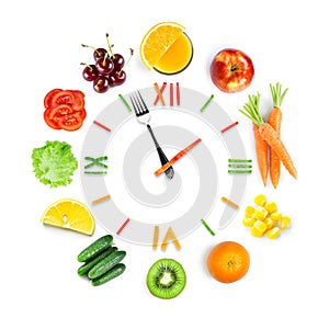 Food clock with fresh fruits and vegetables