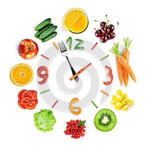 Food clock with fresh fruits and vegetables