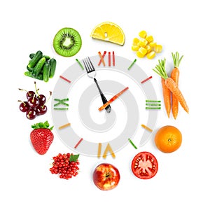 Food clock with fresh fruits and vegetables