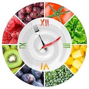 Food clock with vegetables and fruits
