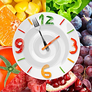 Food clock with vegetables and fruits