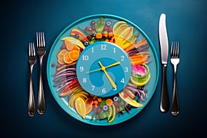 Food clock with vegetables and fruits as background. Healthy food concept. Colorful food and cutlery arranged in the form of a