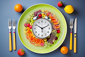 Food clock with vegetables and fruits as background. Healthy food concept. Colorful food and cutlery arranged in the form of a