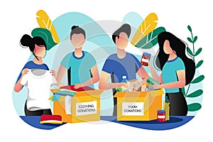 Food and clothes donation. Vector flat illustration. Social care and charity concept. Volunteer collect donations photo