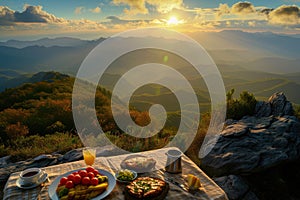 Food and coffee on table at mountain top at sunset or sunrise, amazing dinner with stunning landscape view. Concept of travel,