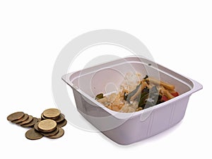 Food and coins , Poverty in retirement concept.