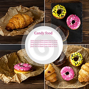 food collage. croissants and donuts. unhealthy food concept. copy space.