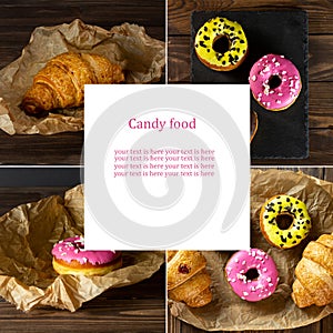 food collage. croissants and donuts. unhealthy food concept. copy space.