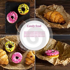 food collage. croissants and donuts. unhealthy food concept. top view