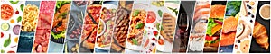 Food collage design template. Various tasty dishes, including a burger, a pizza, pasta, beef steak. A restaurant menu