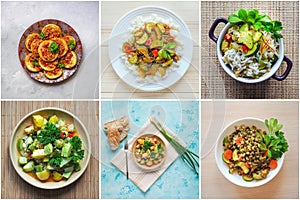 Food collage with different views of zucchini dishes