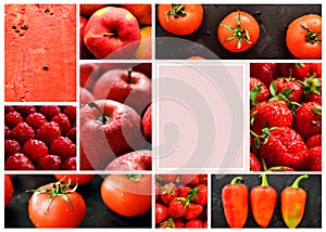 Food collage. Fruits and vegetables. Healthy vegetarian food. Free space for text. Menu cover, assortment. Only red