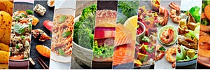 Food collage layout. A variety of dishes, a collection for a restaurant banner