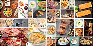 Food Collage. Many photos of tasty dishes, a design template for a banner