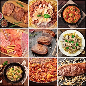 Food Collage. Many photos of various tasty meat dishes, a square design template